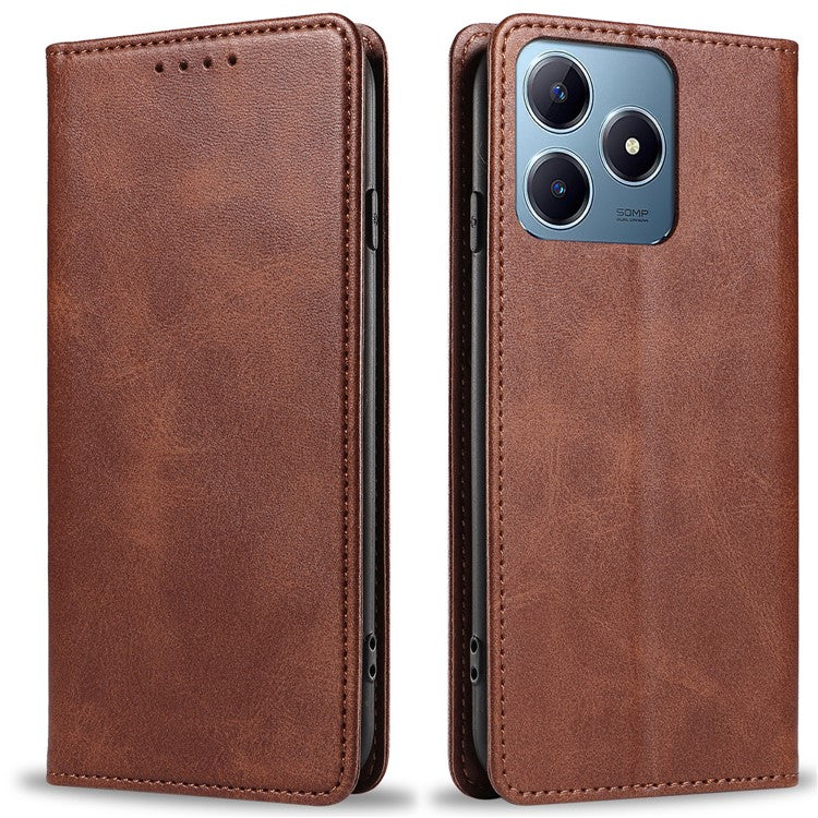 For Realme C63 4G Case Leather Calf Texture Phone Cover Stand Magnetic Closure - Brown