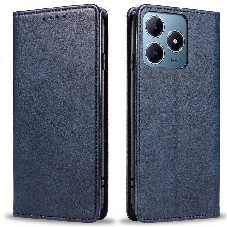 For Realme C63 4G Case Leather Calf Texture Phone Cover Stand Magnetic Closure - Blue