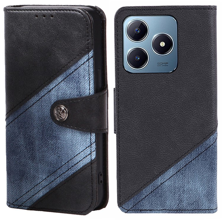 For Realme C63 4G Case Texture Splicing Leather Flip Phone Cover - Black