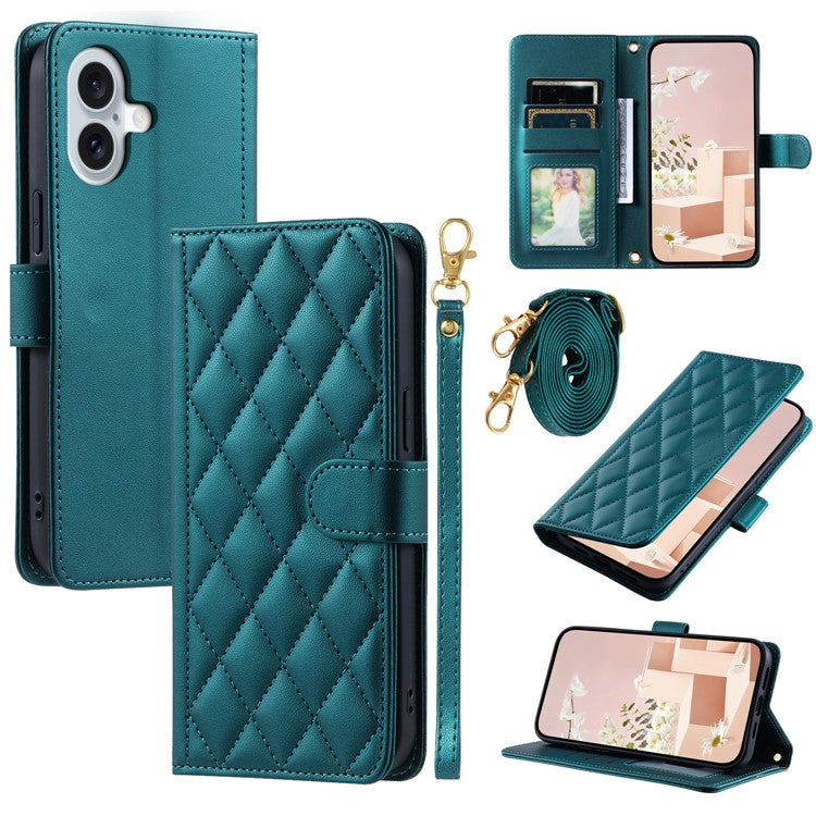 For iPhone 16 Case Rhombus Grid Leather Phone Cover with 2 Straps - Green