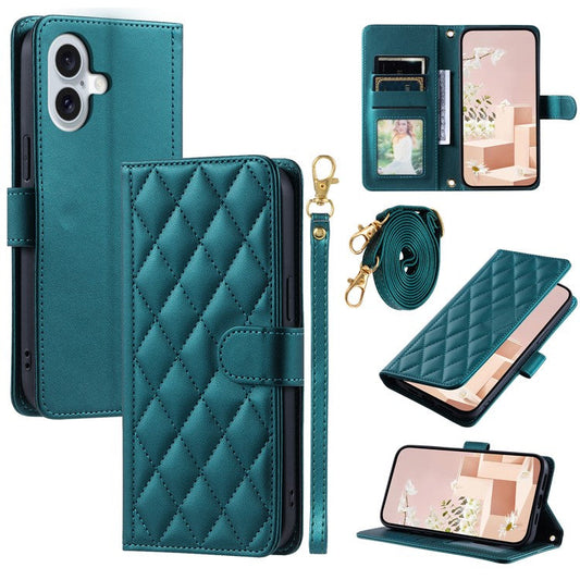 For iPhone 16 Case Rhombus Grid Leather Phone Cover with 2 Straps - Green