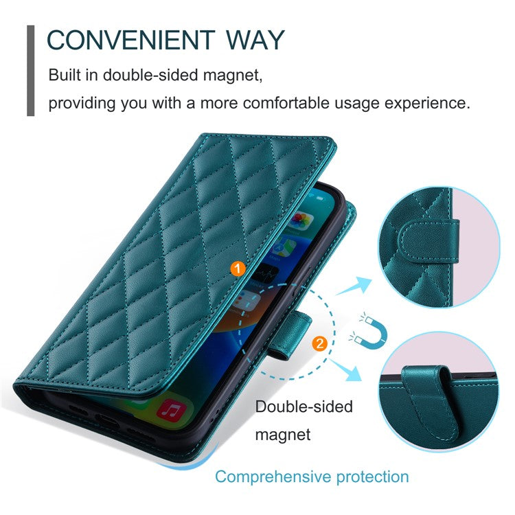 For iPhone 16 Case Rhombus Grid Leather Phone Cover with 2 Straps - Green