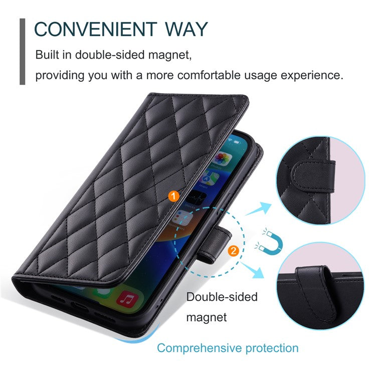 For iPhone 16 Case Rhombus Grid Leather Phone Cover with 2 Straps - Black