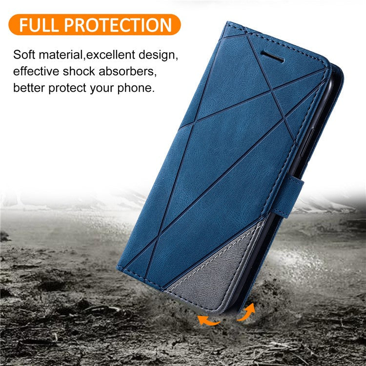 For iPhone 16 Case Imprinted Lines PU Leather Wallet Splicing Phone Cover - Blue