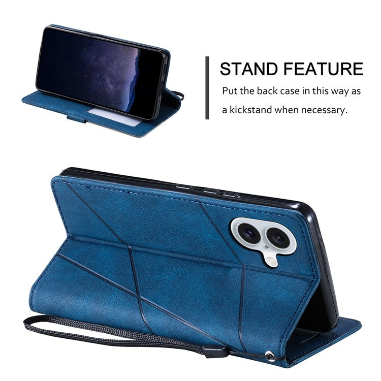 For iPhone 16 Case Imprinted Lines PU Leather Wallet Splicing Phone Cover - Blue