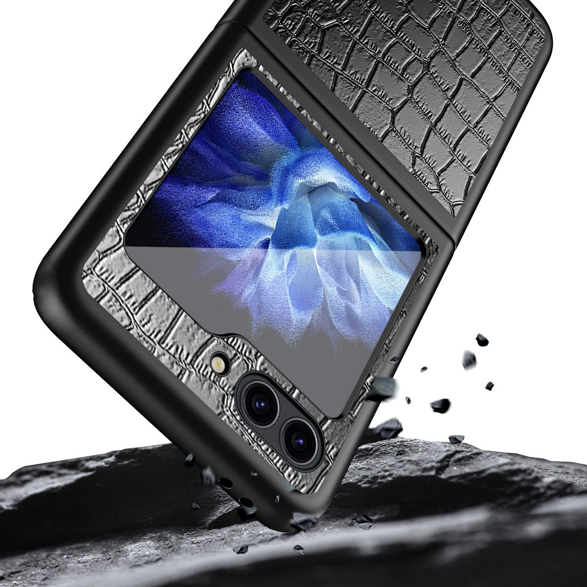 For Samsung Galaxy Z Flip6 5G Case Crocodile Texture Split Leather Phone Cover - Black