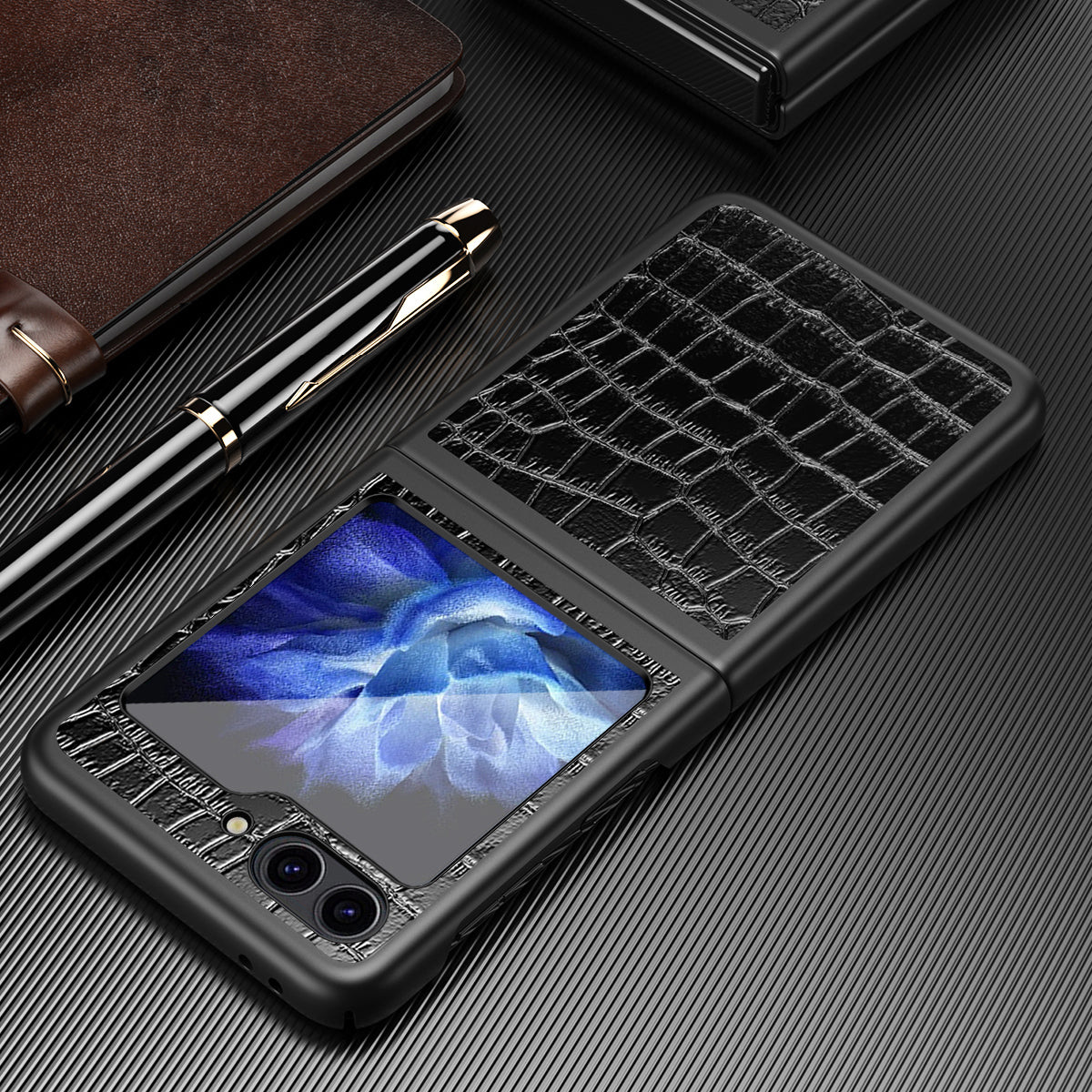 For Samsung Galaxy Z Flip6 5G Case Crocodile Texture Split Leather Phone Cover - Black
