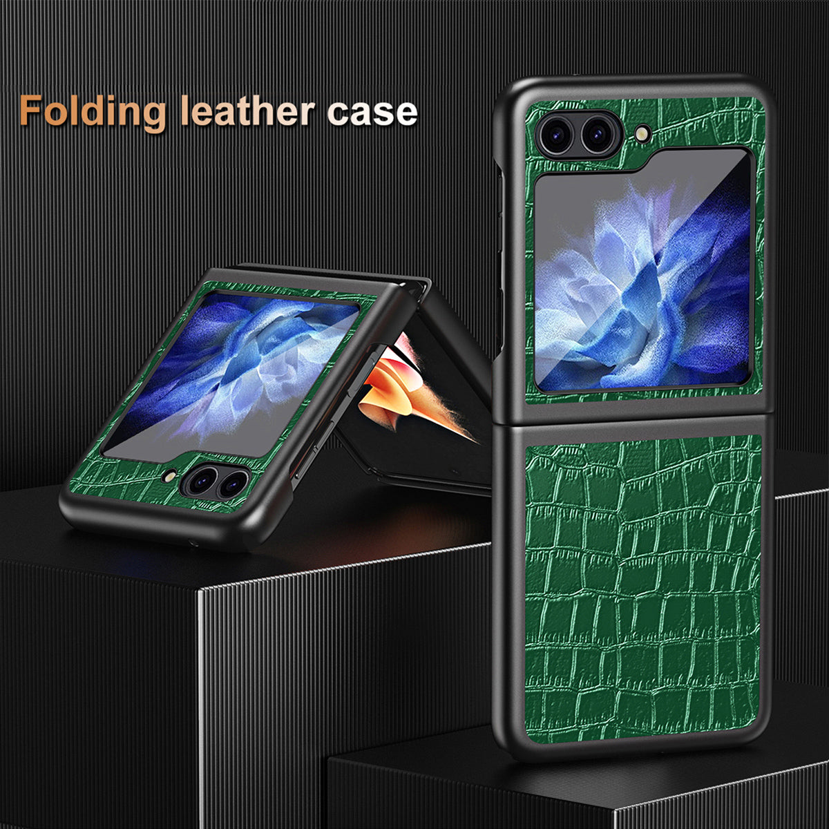 For Samsung Galaxy Z Flip6 5G Case Crocodile Texture Split Leather Phone Cover - Blackish Green