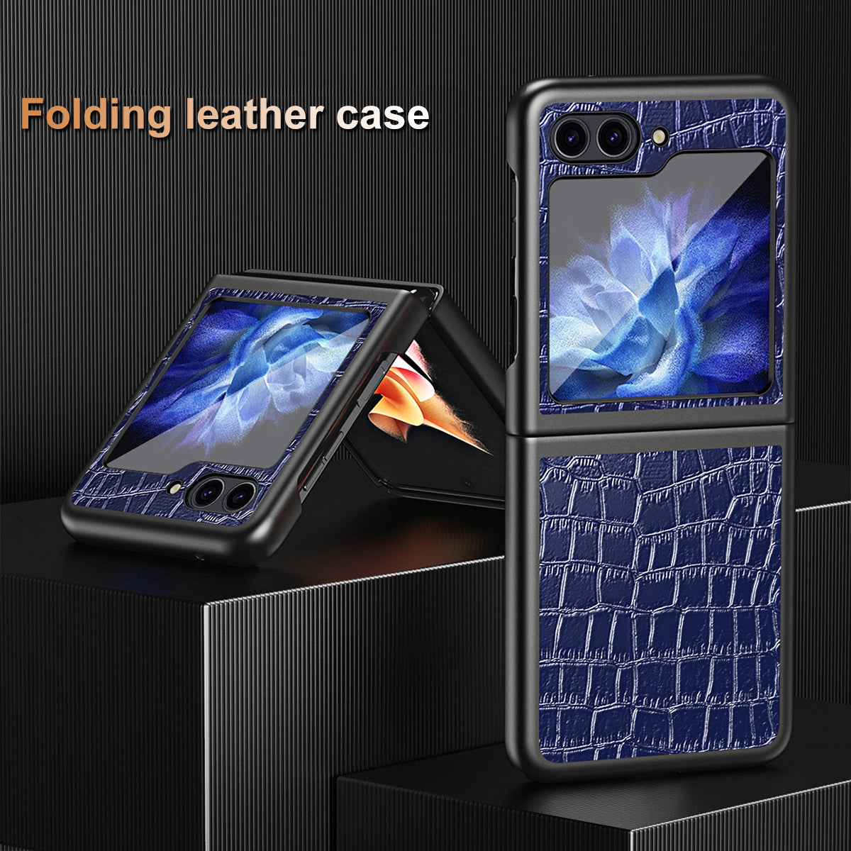 For Samsung Galaxy Z Flip6 5G Case Crocodile Texture Split Leather Phone Cover - Dark Blue