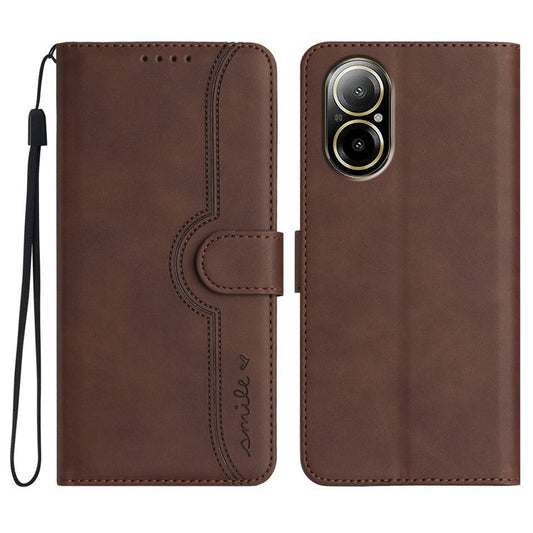 YX0030 For Realme C67 4G Wallet Case PU Leather Phone Cover Smile Imprinted - Coffee