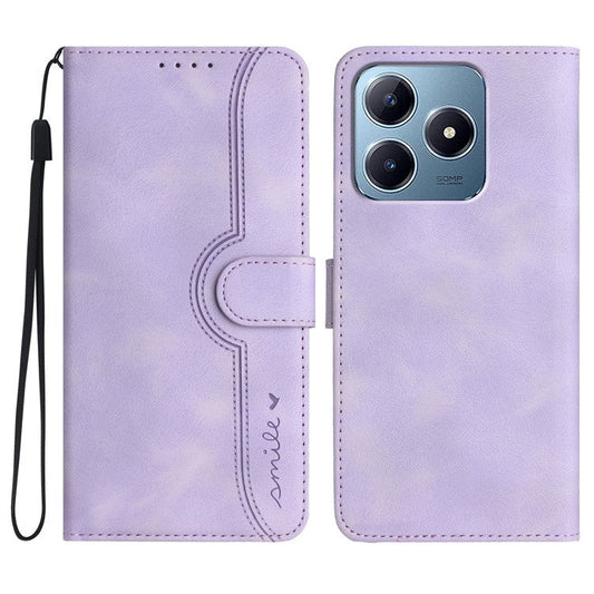 YX0030 For Realme C63 4G Case Smile Imprinted Leather Phone Cover Magnetic Clasp -  Light Purple