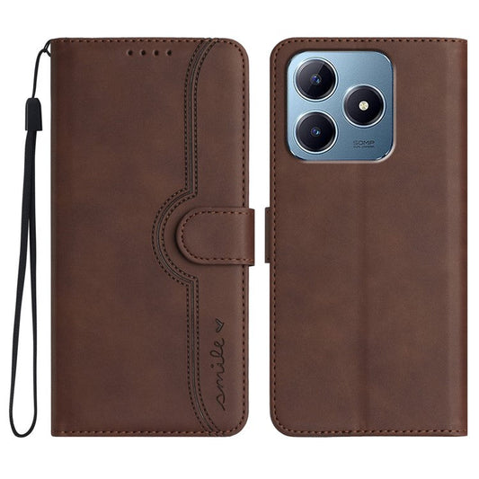 YX0030 For Realme C63 4G Case Smile Imprinted Leather Phone Cover Magnetic Clasp -  Coffee