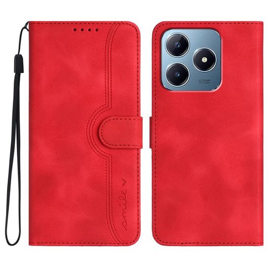 YX0030 For Realme C63 4G Case Smile Imprinted Leather Phone Cover Magnetic Clasp -  Red