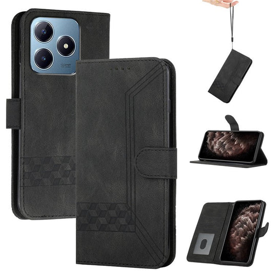 YX0010 Series for Realme C63 4G Wallet Case Rhombus Lines Leather Phone Cover - Black