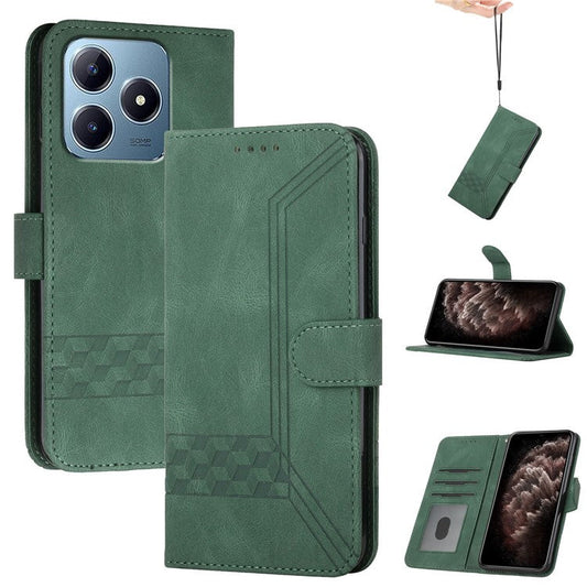 YX0010 Series for Realme C63 4G Wallet Case Rhombus Lines Leather Phone Cover - Blackish Green