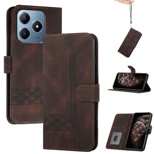 YX0010 Series for Realme C63 4G Wallet Case Rhombus Lines Leather Phone Cover - Coffee