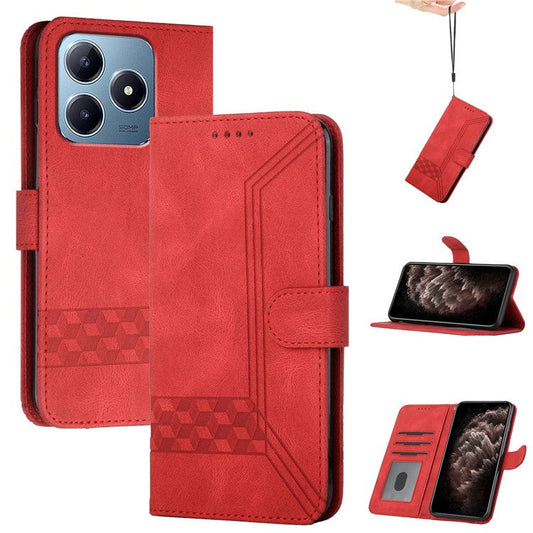 YX0010 Series for Realme C63 4G Wallet Case Rhombus Lines Leather Phone Cover - Red