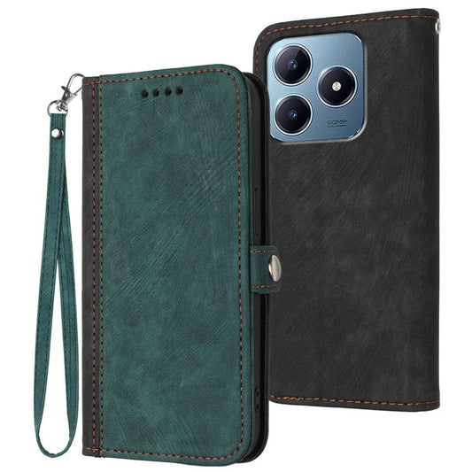 YX0020 For Realme C63 4G Case Leather Phone Cover Wallet Card Slots - Blackish Green