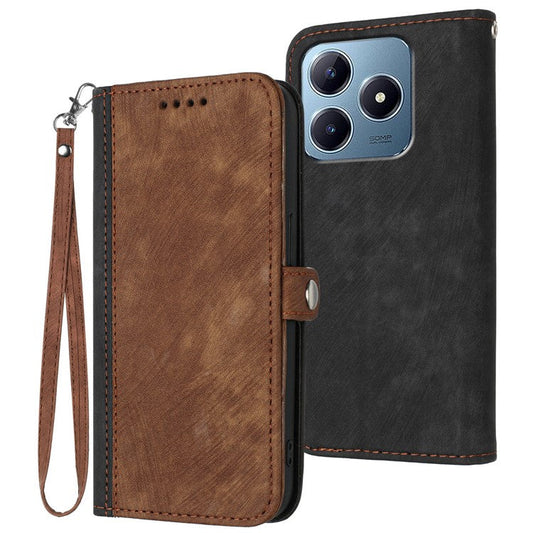 YX0020 For Realme C63 4G Case Leather Phone Cover Wallet Card Slots - Coffee