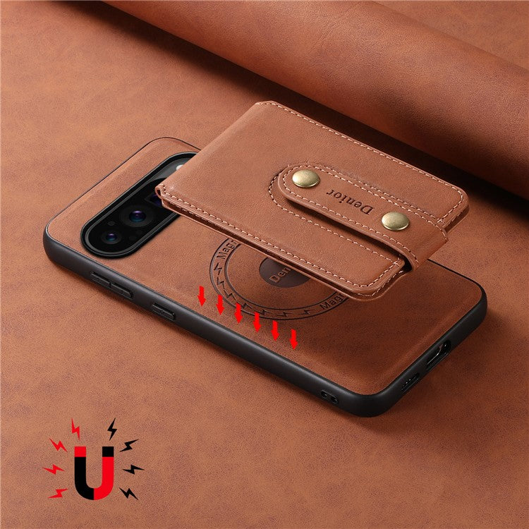 DENIOR D14 For Google Pixel 9 Pro / Pixel 9 Magnetic Case 2 in 1 Detachable Card Holder PC+TPU Phone Cover - Brown