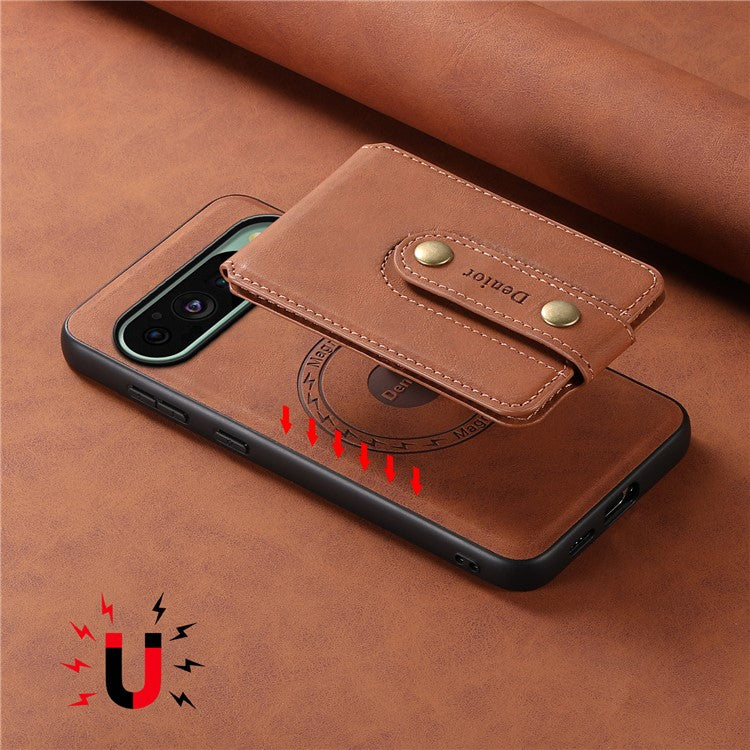 DENIOR D14 For Google Pixel 9 / 9 Pro Case Compatible with MagSafe Kickstand Card Slots Phone Cover - Brown