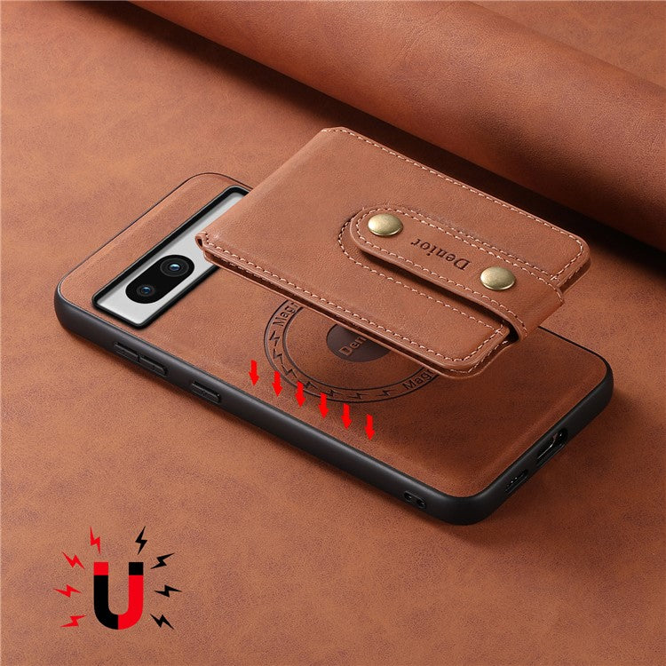 DENIOR D14 For Google Pixel 7a Magnetic Case 2 in 1 Detachable Card Bag PU+PC+TPU Phone Cover - Brown