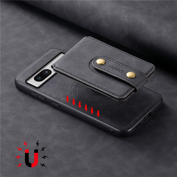 DENIOR D14 For Google Pixel 7a Magnetic Case 2 in 1 Detachable Card Bag PU+PC+TPU Phone Cover - Black
