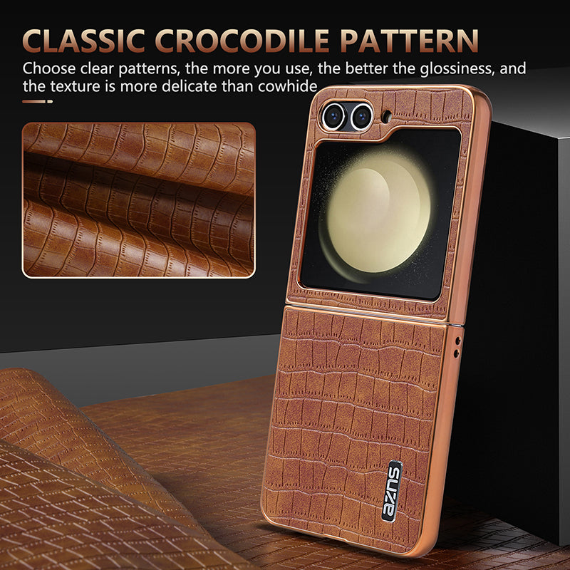 AZNS For Samsung Galaxy Z Flip6 5G Case Crocodile Pattern PU Leather Phone Cover - Brown