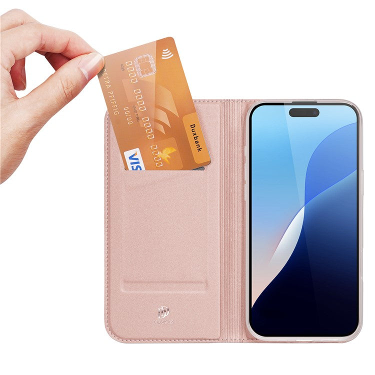 DUX DUCIS Skin Pro Series For iPhone 16 Pro Case Card Holder PU Leather Flip Phone Cover - Pink
