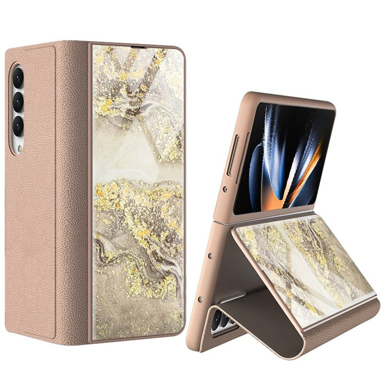 GKK For Samsung Galaxy Z Fold4 5G Marble Pattern Tempered Glass Cover Stand Full Protection PU Leather Phone Case - Marble Pattern 11