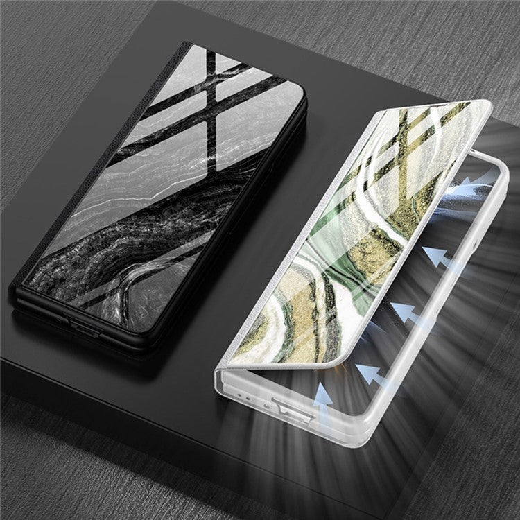 GKK For Samsung Galaxy Z Fold4 5G Marble Pattern Tempered Glass Cover Stand Full Protection PU Leather Phone Case - Marble Pattern 11