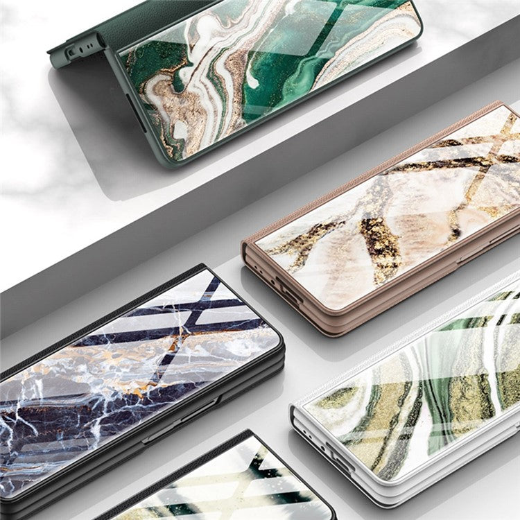 GKK For Samsung Galaxy Z Fold4 5G Marble Pattern Tempered Glass Cover Stand Full Protection PU Leather Phone Case - Marble Pattern 11