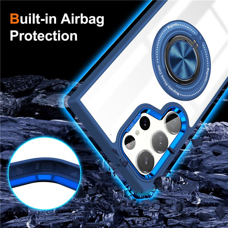 For Samsung Galaxy S23 Ultra Magnetic Case PC+TPU Clear Phone Cover with Ring Kickstand - Blue