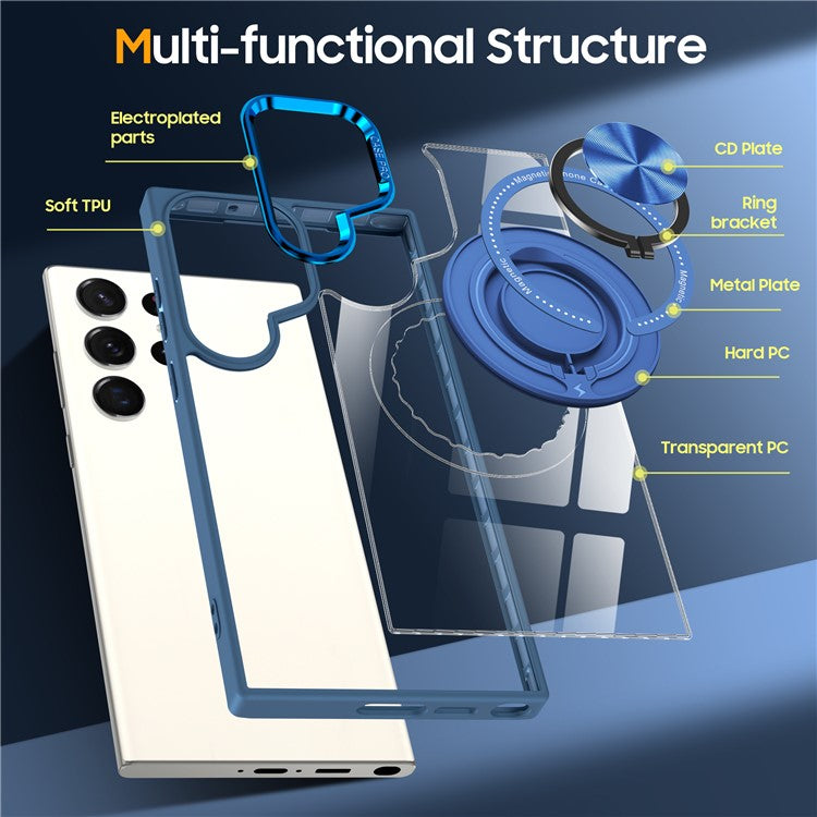 For Samsung Galaxy S23 Ultra Magnetic Case PC+TPU Clear Phone Cover with Ring Kickstand - Blue