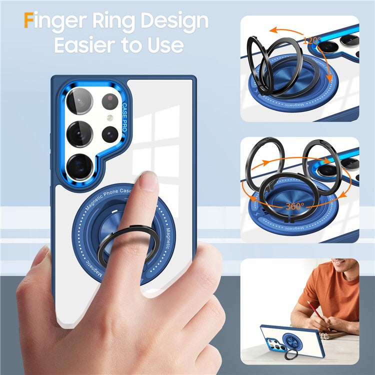 For Samsung Galaxy S23 Ultra Magnetic Case PC+TPU Clear Phone Cover with Ring Kickstand - Blue