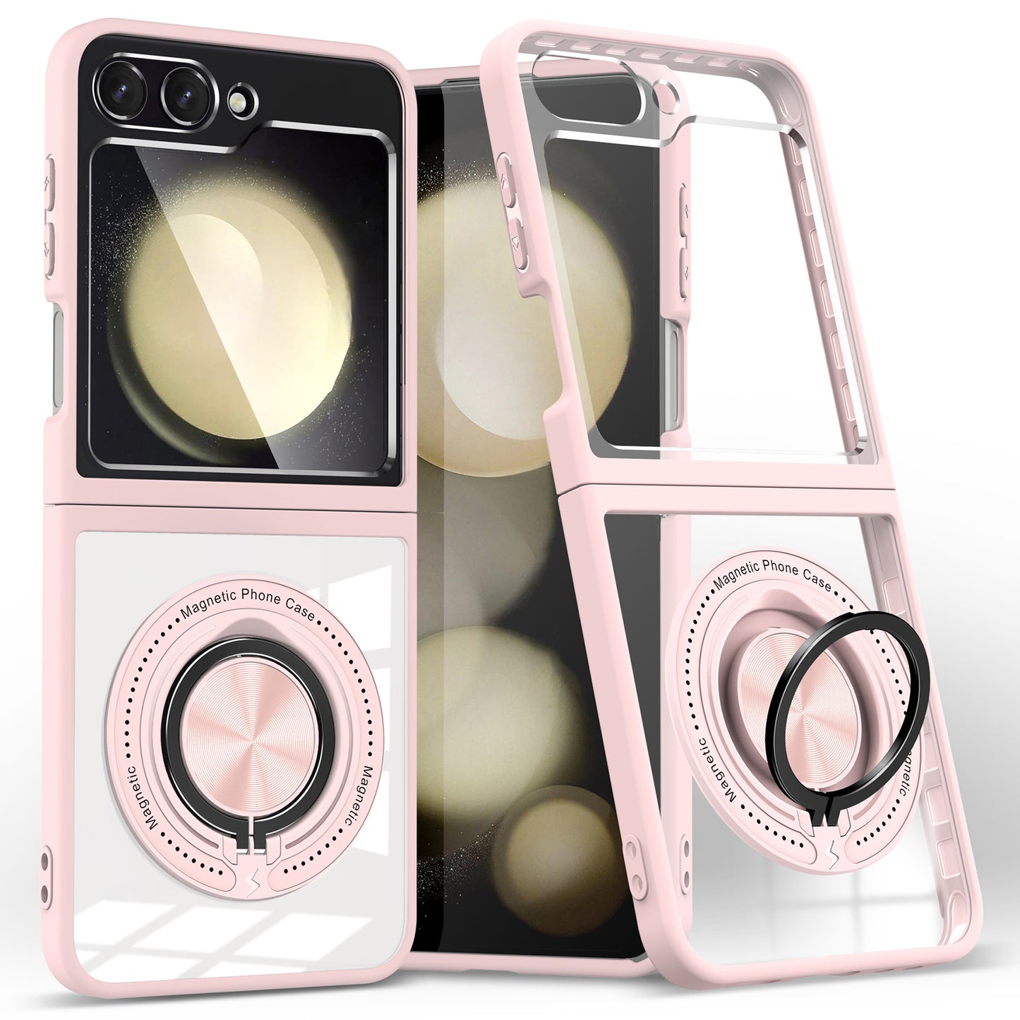 For Samsung Galaxy Z Flip6 5G Magnetic Case TPU Frame Clear PC Back Kickstand Phone Cover - Pink