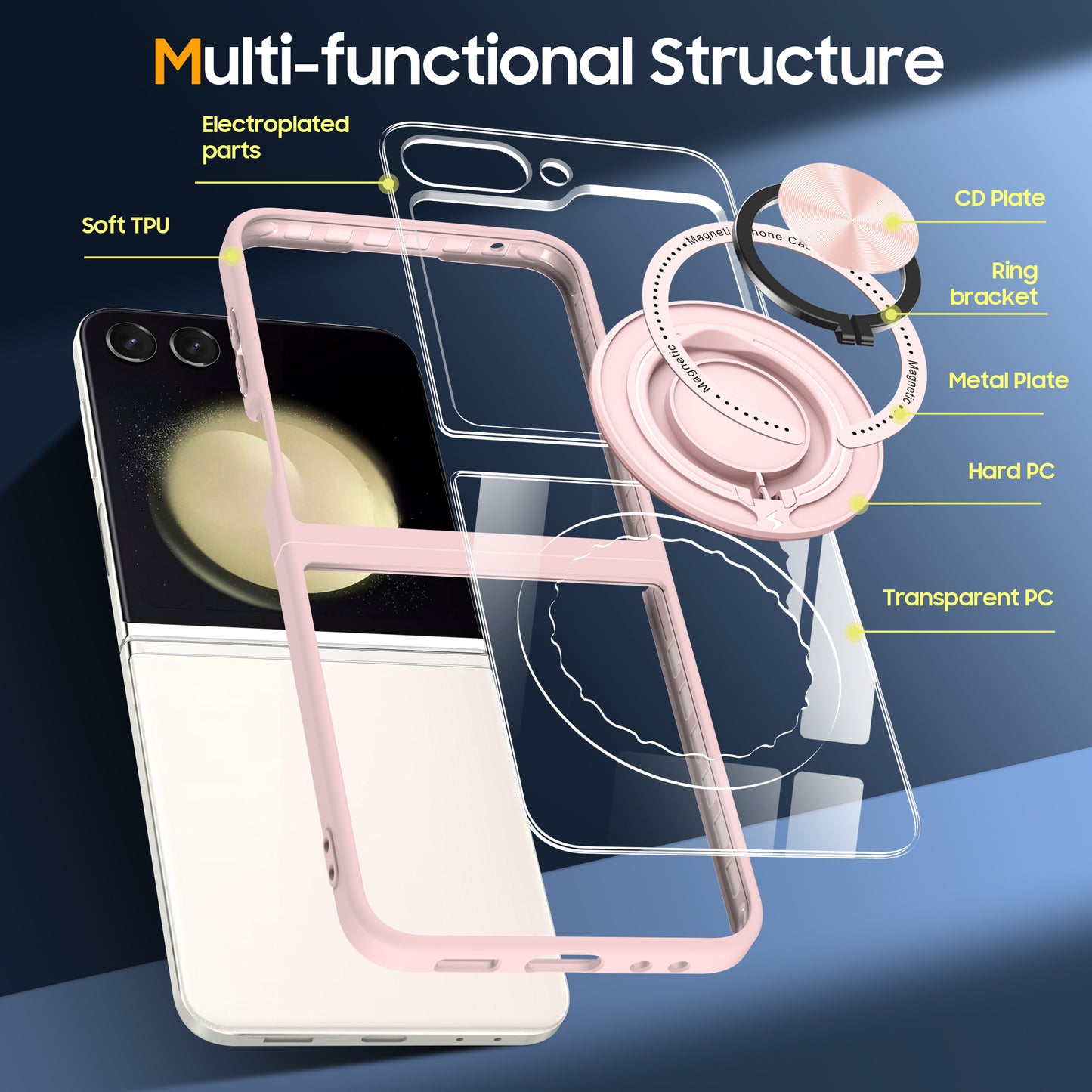 For Samsung Galaxy Z Flip6 5G Magnetic Case TPU Frame Clear PC Back Kickstand Phone Cover - Pink