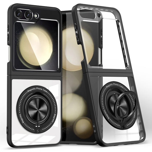For Samsung Galaxy Z Flip6 5G Magnetic Case TPU Frame Clear PC Back Kickstand Phone Cover - Black