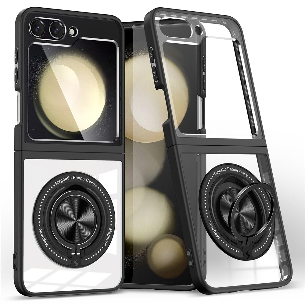 For Samsung Galaxy Z Flip7 FE 5G / Z Flip6 5G Magnetic Case TPU Frame Clear PC Back Kickstand Phone Cover - Black