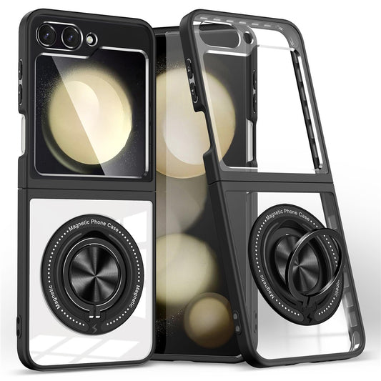 For Samsung Galaxy Z Flip7 FE 5G / Z Flip6 5G Magnetic Case TPU Frame Clear PC Back Kickstand Phone Cover - Black