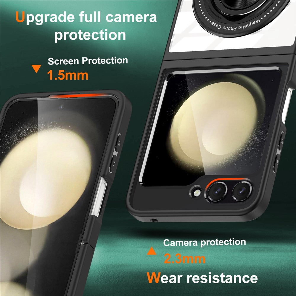 For Samsung Galaxy Z Flip7 FE 5G / Z Flip6 5G Magnetic Case TPU Frame Clear PC Back Kickstand Phone Cover - Black