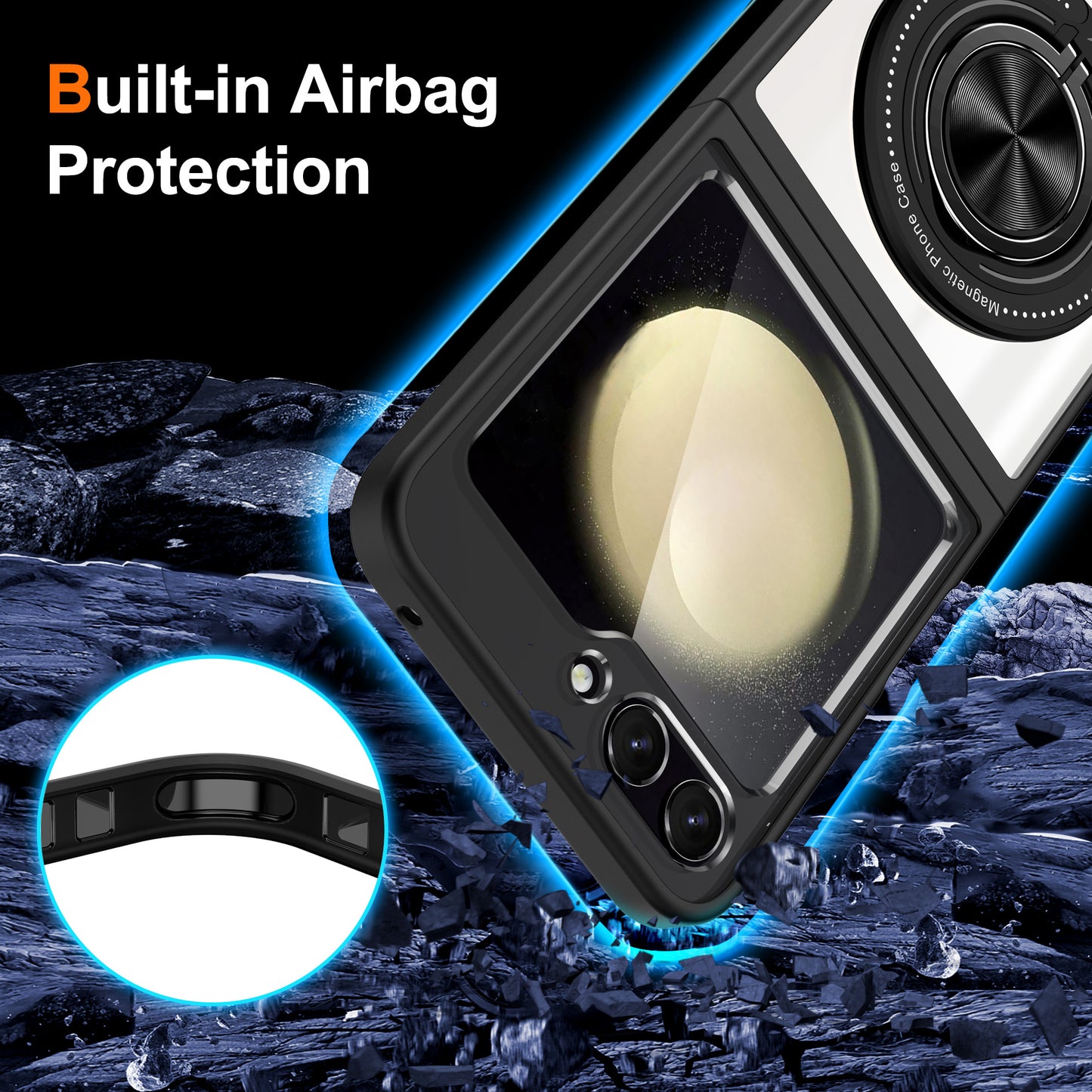 For Samsung Galaxy Z Flip6 5G Magnetic Case TPU Frame Clear PC Back Kickstand Phone Cover - Black