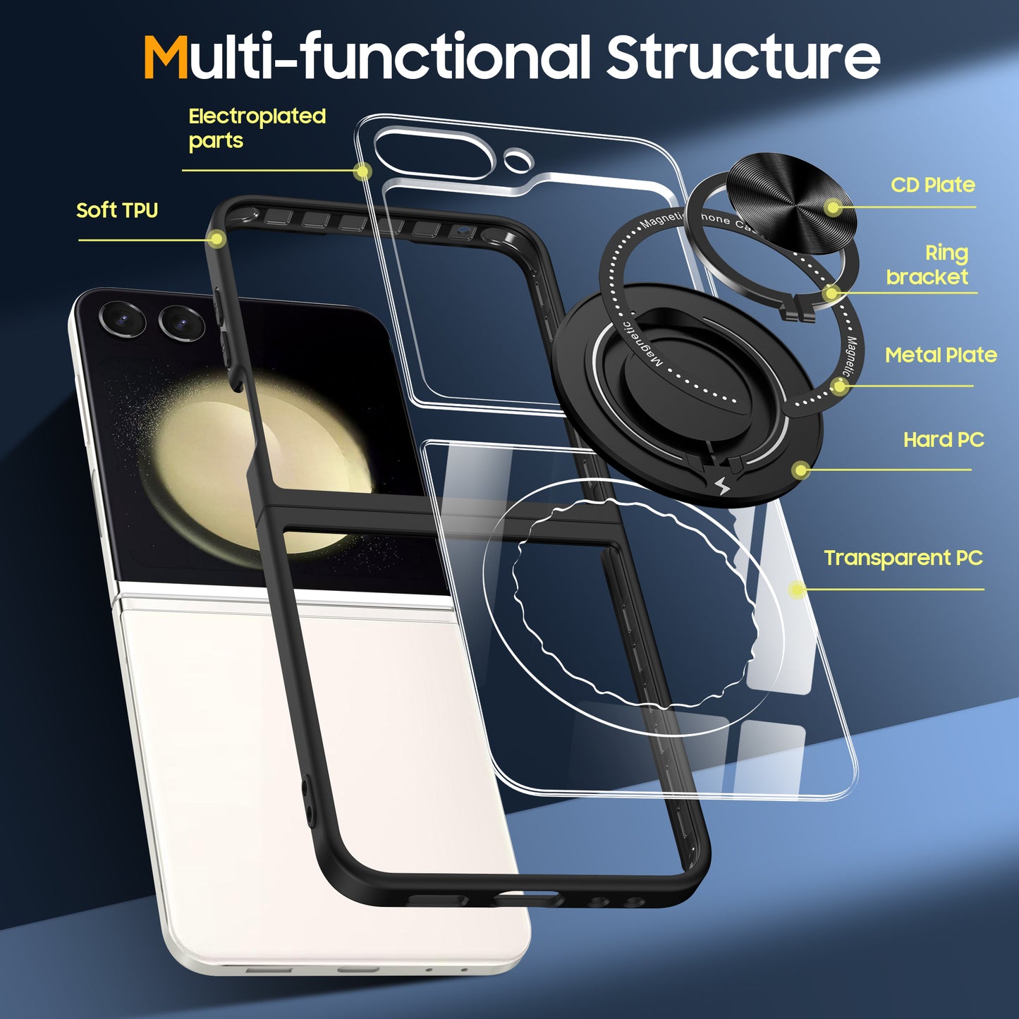 For Samsung Galaxy Z Flip6 5G Magnetic Case TPU Frame Clear PC Back Kickstand Phone Cover - Black