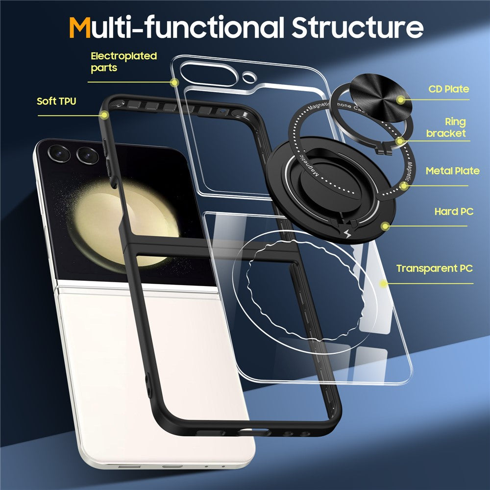 For Samsung Galaxy Z Flip7 FE 5G / Z Flip6 5G Magnetic Case TPU Frame Clear PC Back Kickstand Phone Cover - Black