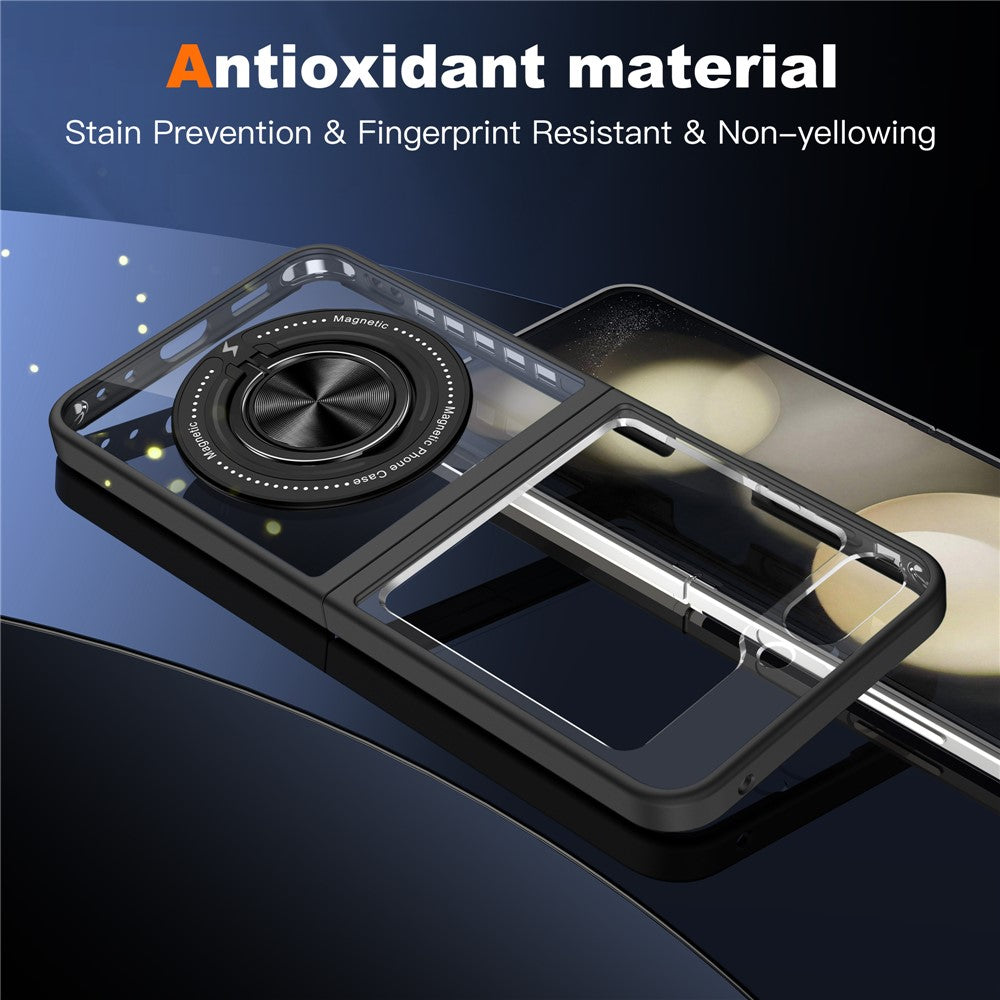 For Samsung Galaxy Z Flip7 FE 5G / Z Flip6 5G Magnetic Case TPU Frame Clear PC Back Kickstand Phone Cover - Black