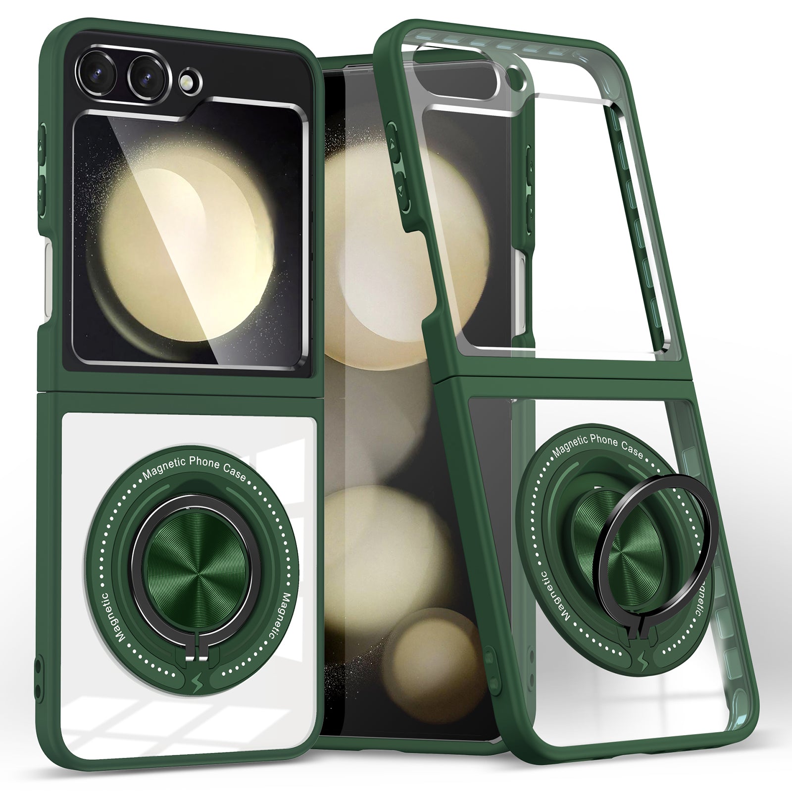 For Samsung Galaxy Z Flip6 5G Magnetic Case TPU Frame Clear PC Back Kickstand Phone Cover - Blackish Green