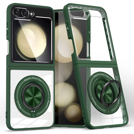 For Samsung Galaxy Z Flip6 5G Magnetic Case TPU Frame Clear PC Back Kickstand Phone Cover - Blackish Green