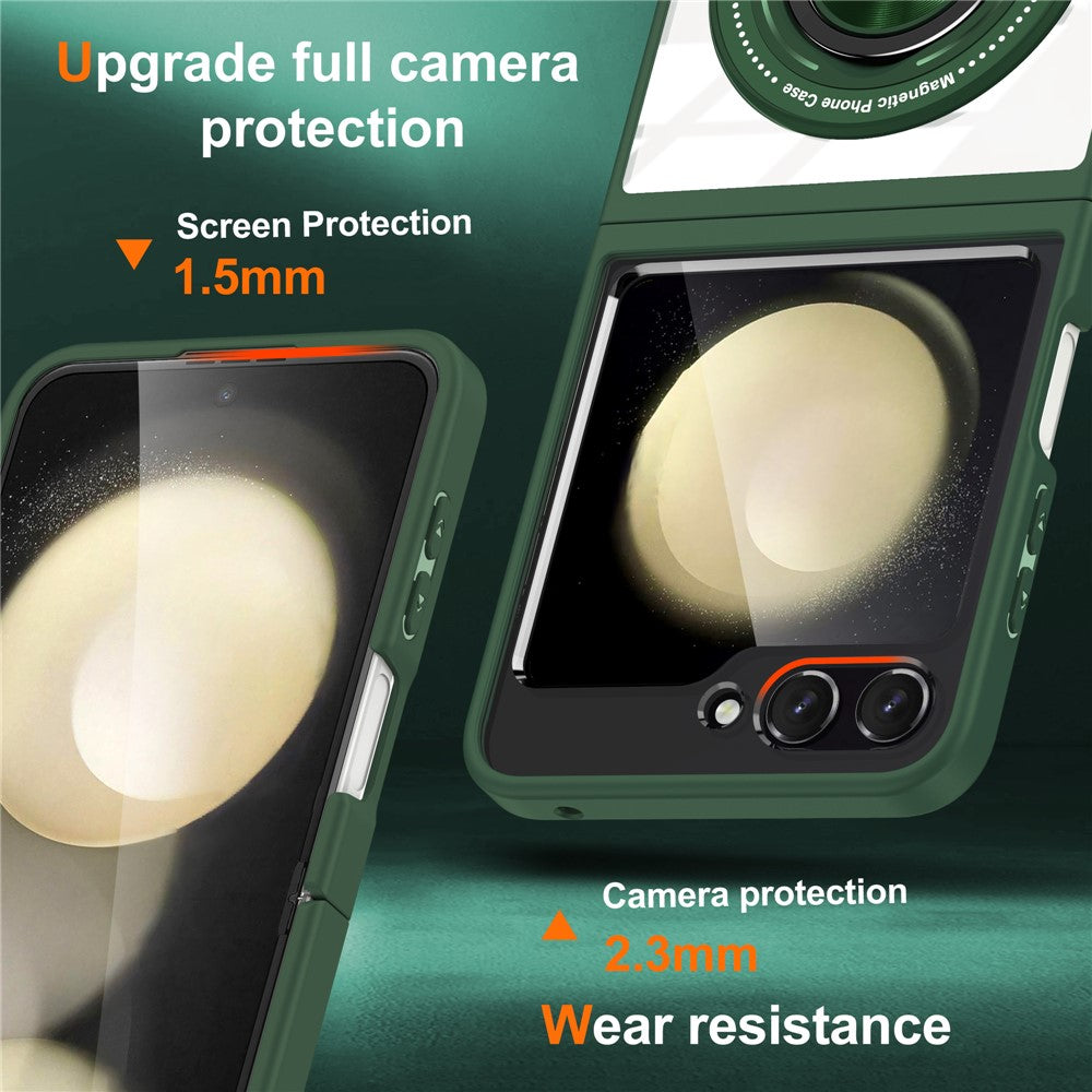 For Samsung Galaxy Z Flip7 FE 5G / Z Flip6 5G Magnetic Case TPU Frame Clear PC Back Kickstand Phone Cover - Blackish Green