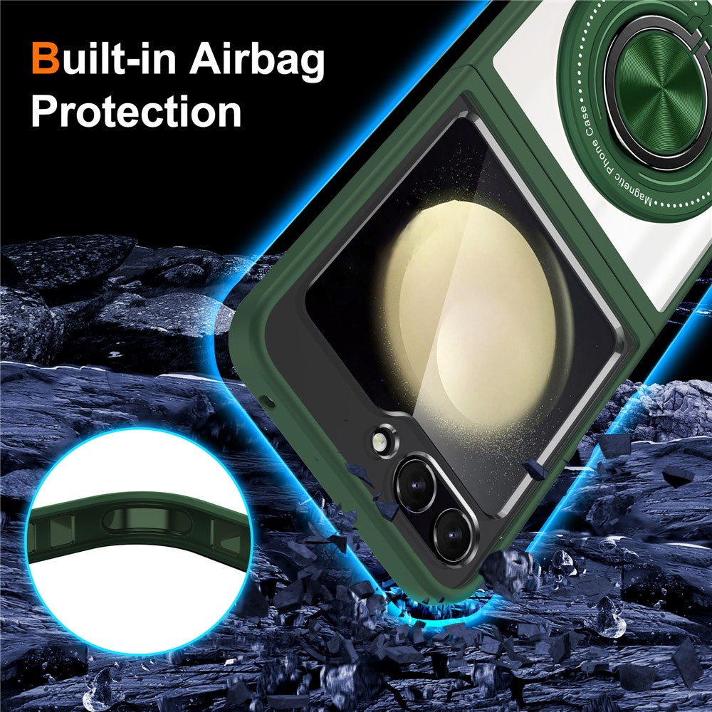 For Samsung Galaxy Z Flip7 FE 5G / Z Flip6 5G Magnetic Case TPU Frame Clear PC Back Kickstand Phone Cover - Blackish Green