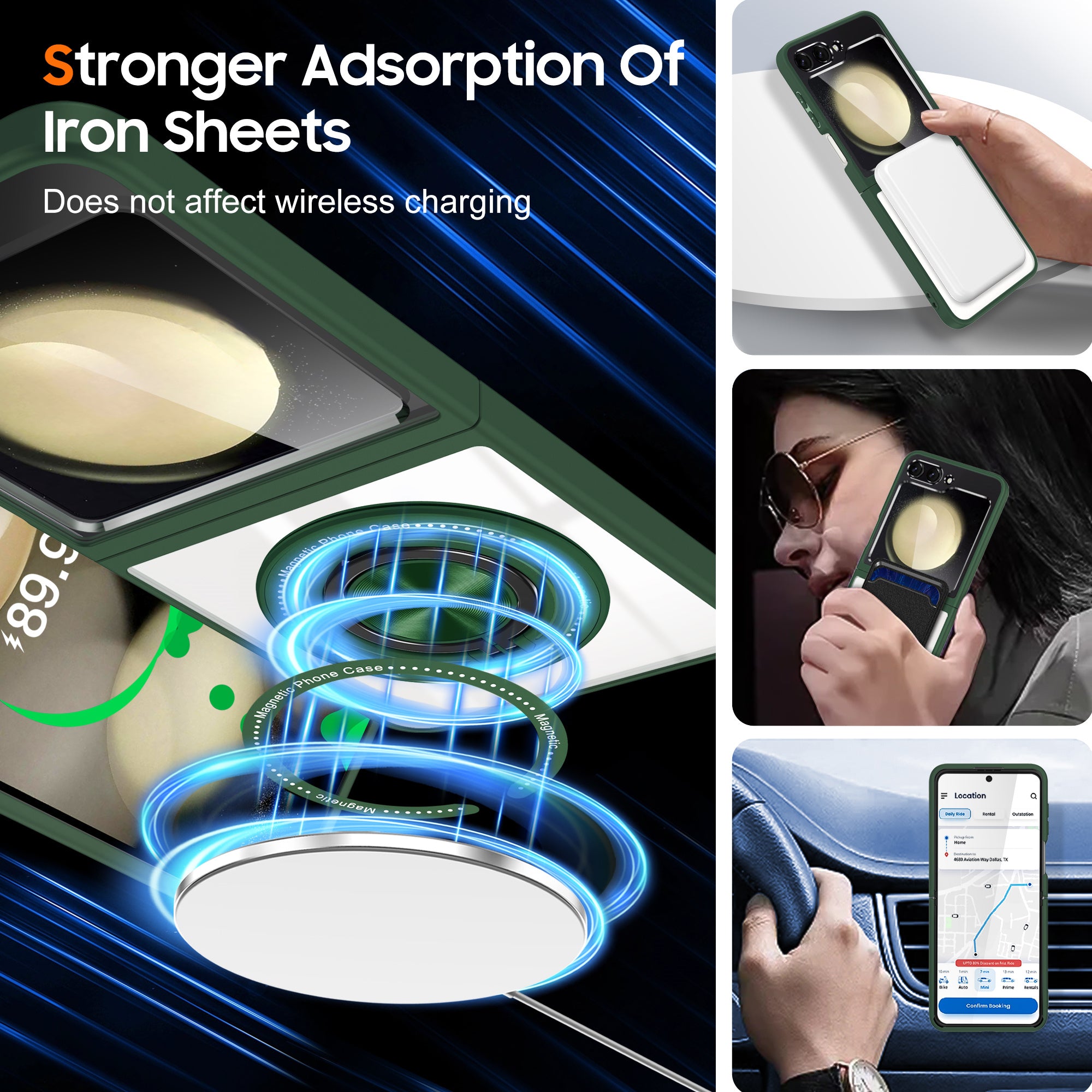 For Samsung Galaxy Z Flip6 5G Magnetic Case TPU Frame Clear PC Back Kickstand Phone Cover - Blackish Green